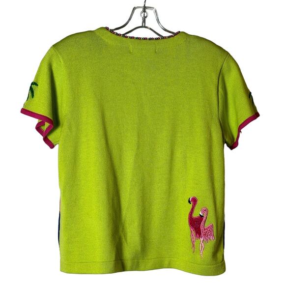 Vintage Jack B Quick Cardigan Sweater Flamingos & Palm Trees Short Sleeve ZipUp - Picture 2 of 16